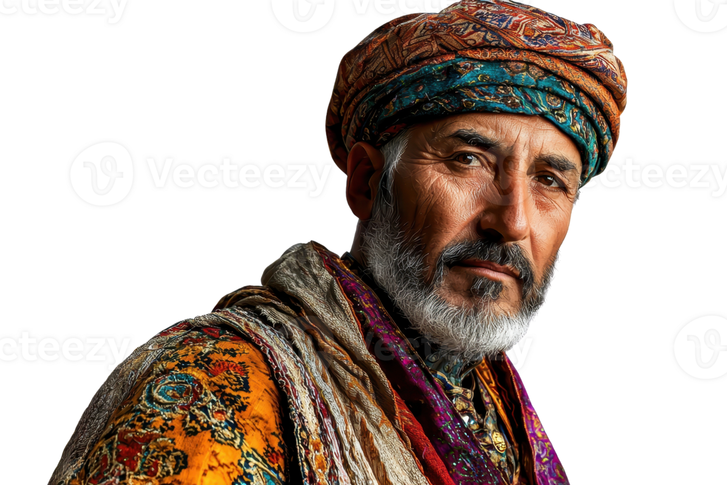 A dignified man wearing a colorful turban and intricate garments, showcasing cultural heritage and craftsmanship. png