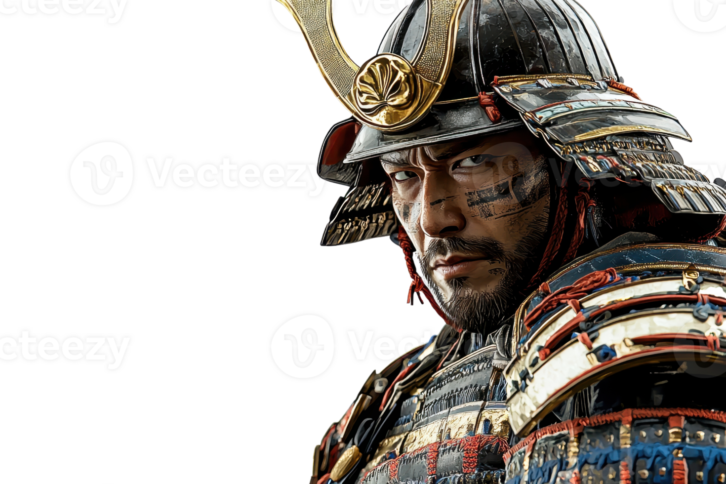 A fierce warrior in traditional samurai armor, showcasing intricate details of the helmet and facial tattoos. png