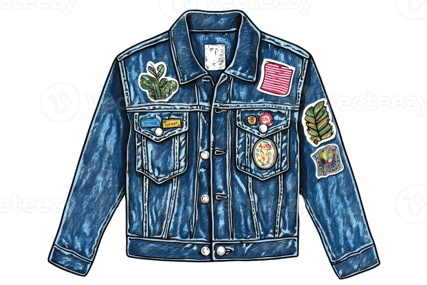 A stylish denim jacket adorned with colorful patches, featuring a classic collar and button closure. png