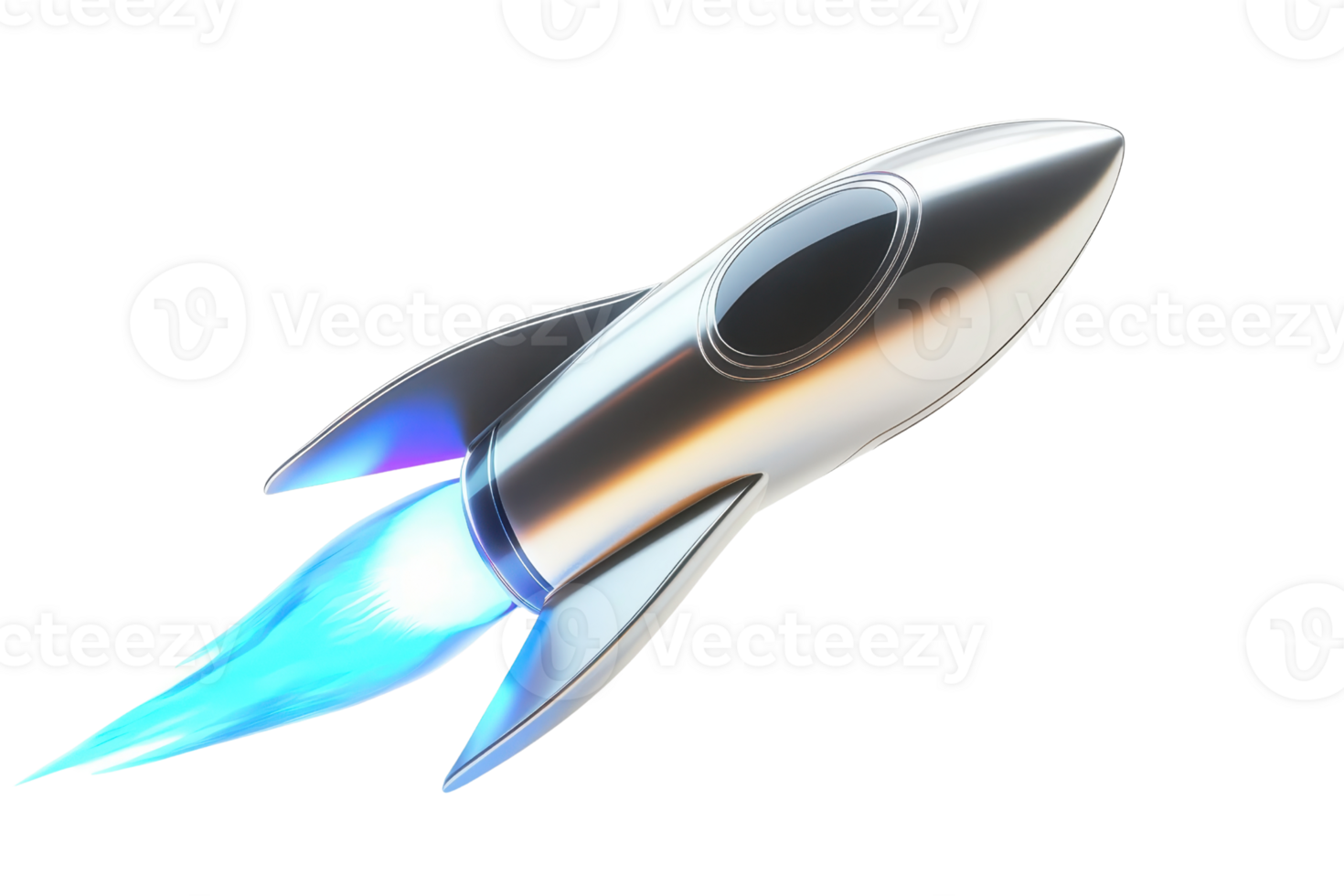 A sleek, metallic rocket with vibrant blue flames shooting from its tail, suggesting motion and adventure. png