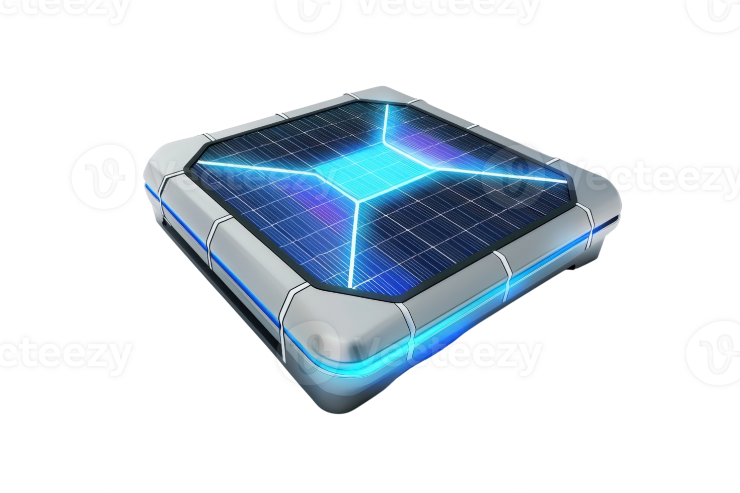 A futuristic, illuminated cube with a glowing blue design and a starry surface. png