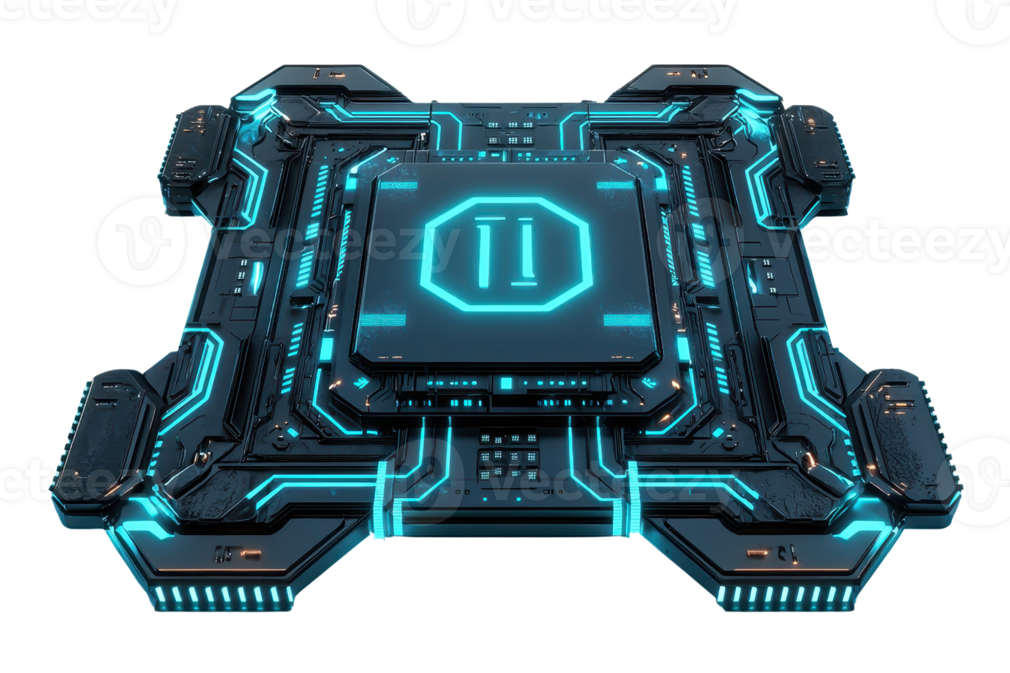 A futuristic circuit board with glowing blue elements, featuring a central processing unit design. png
