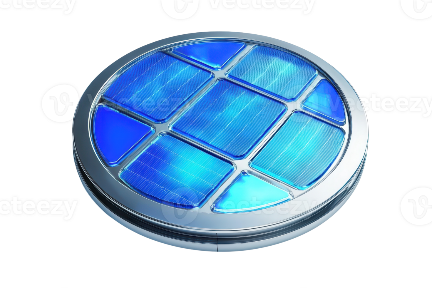 A circular object featuring a blue grid pattern, designed with metallic borders, possibly serving as a decorative or functional element. png