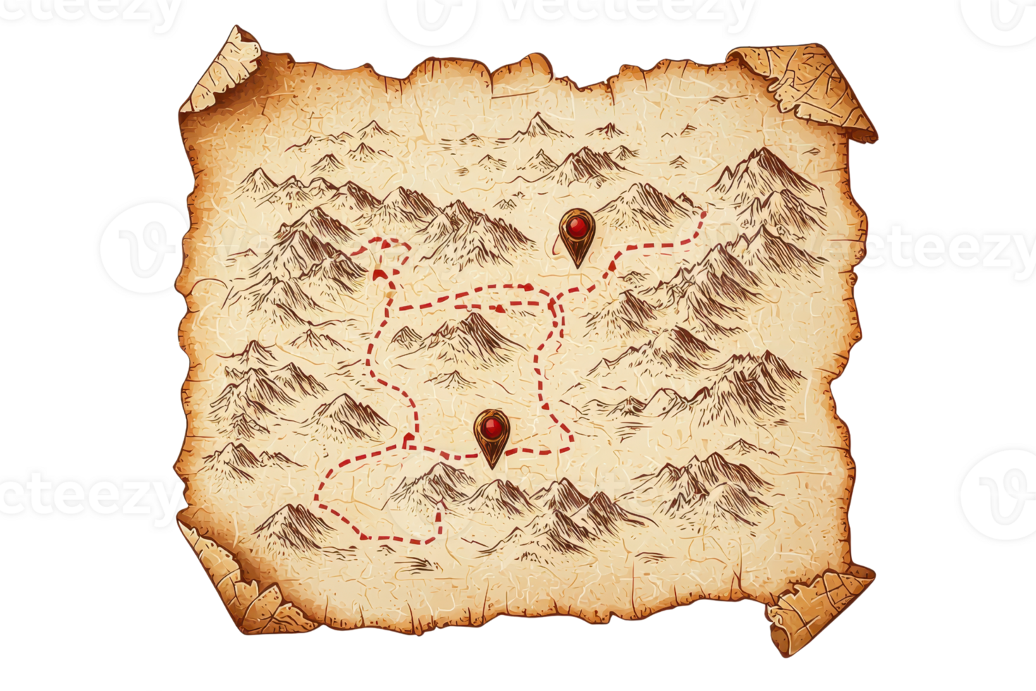 An ancient map featuring mountainous terrains, marked routes, and destination points illustrated with red symbols. png