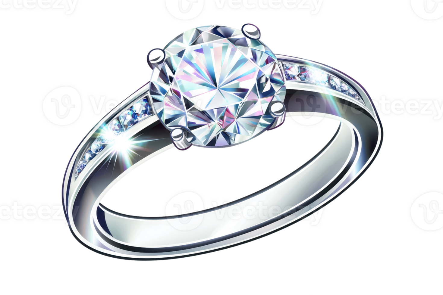 A dazzling engagement ring featuring a brilliant round-cut diamond set in a sleek band with additional accent stones. png