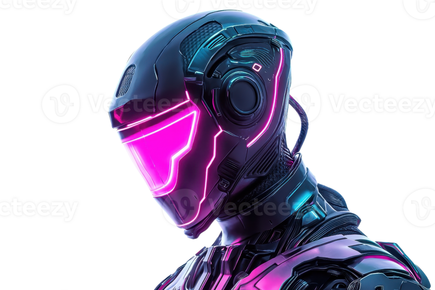A futuristic robot with a sleek design and a glowing visor, featuring metallic surfaces and neon accents. png
