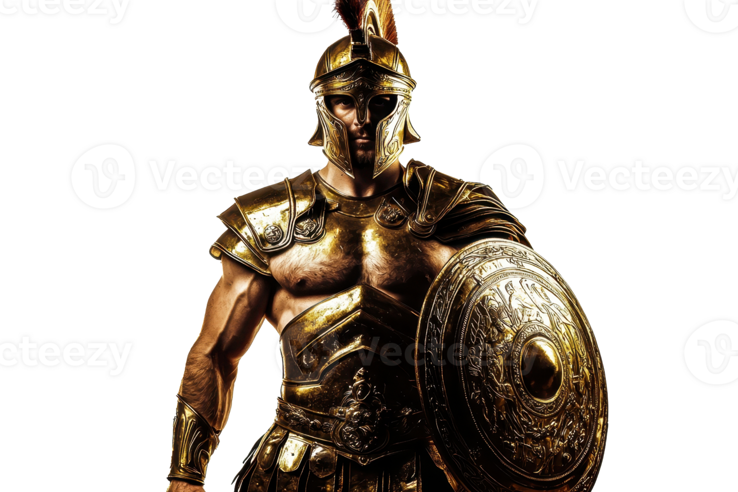 A powerful warrior adorned in ornate golden armor, holding a large shield, exuding strength and valor. png