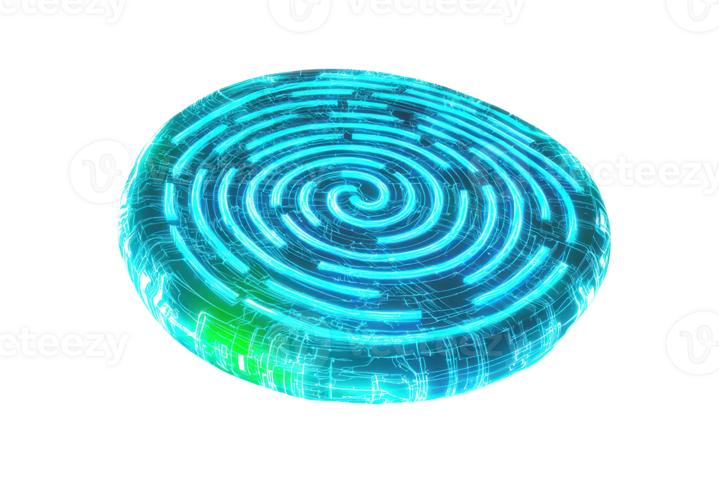 A vibrant, glowing circular object with a spiral pattern, emitting blue and green hues throughout its surface. png