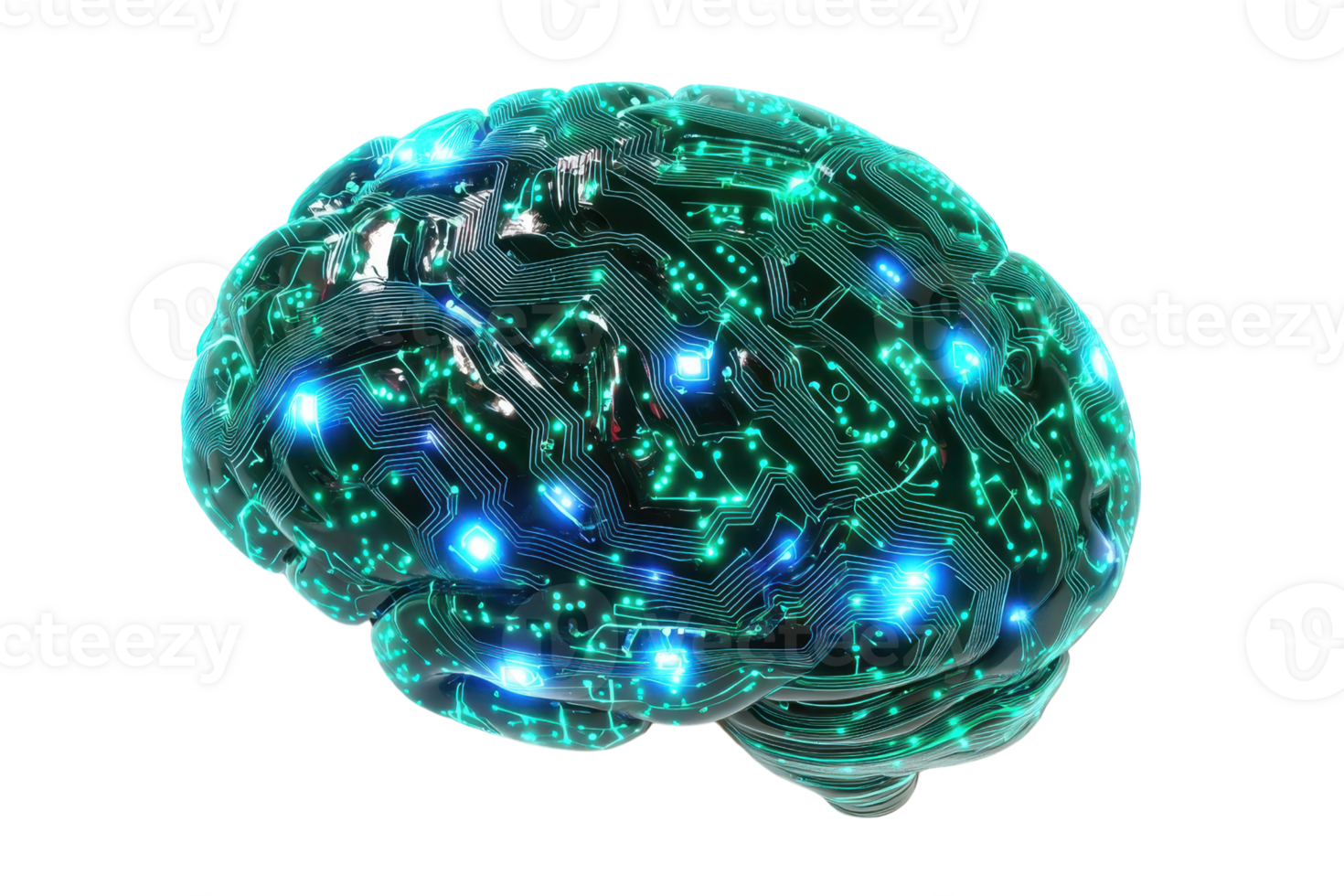 A futuristic, digital brain represented with glowing circuits and lights, symbolizing intelligence and technology. png