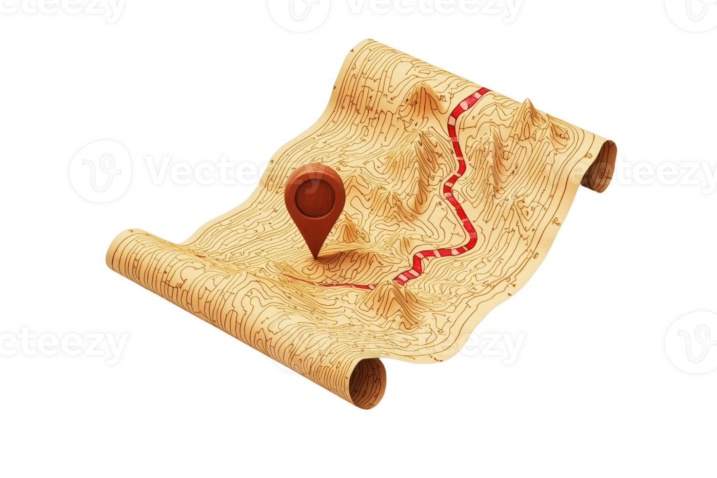 A rolled map featuring a marked location and a winding path, highlighting geographical features and navigation. png