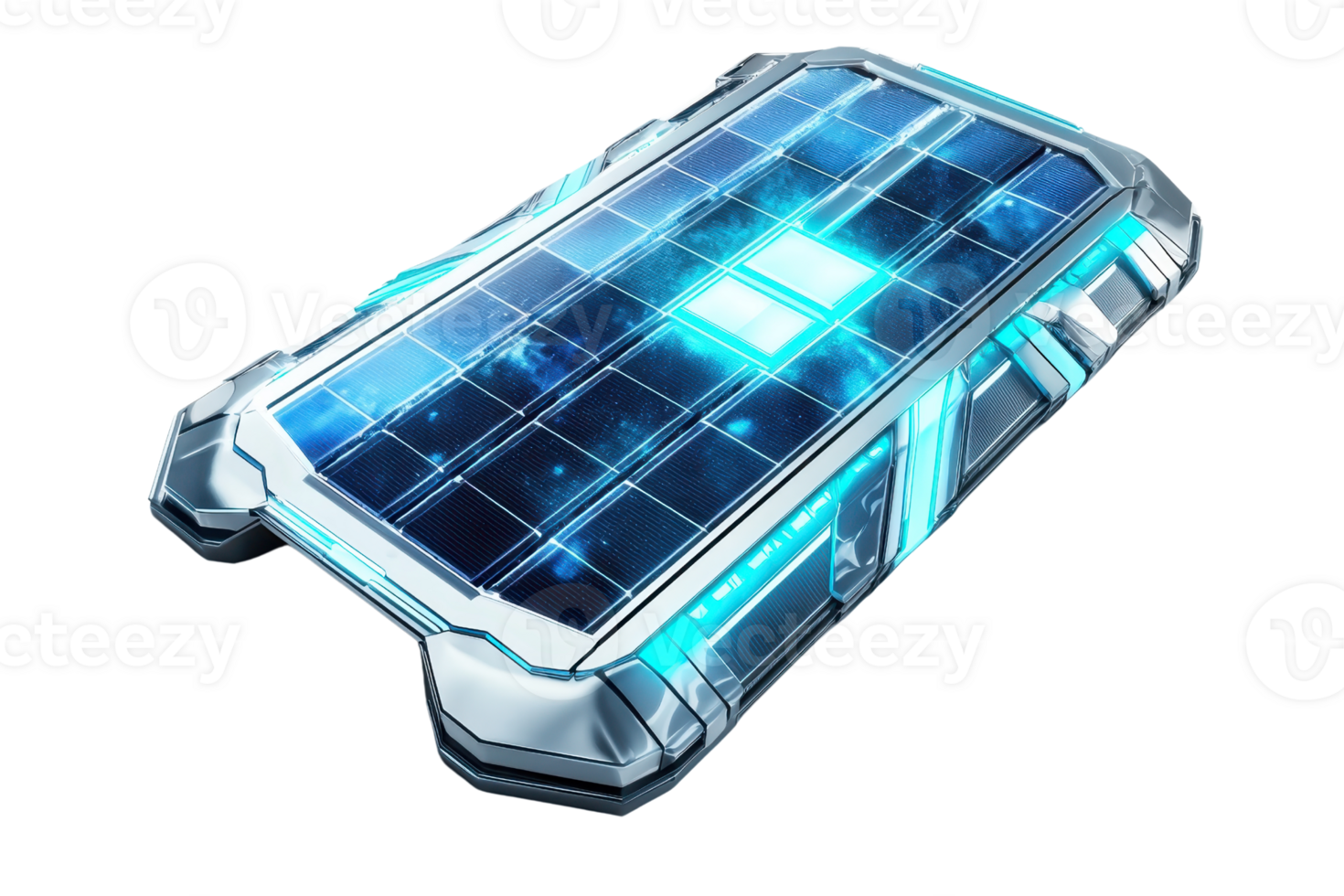 A sleek, futuristic solar panel featuring glowing blue elements and a smooth metallic finish. png