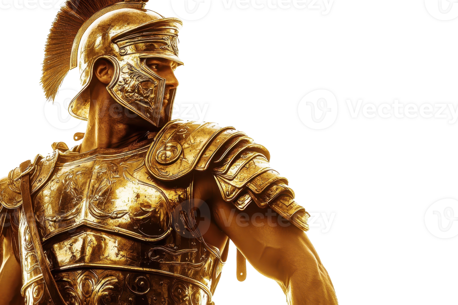 A golden armored warrior stands in profile, showcasing impressive details of the helmet and armor against a dark background. png