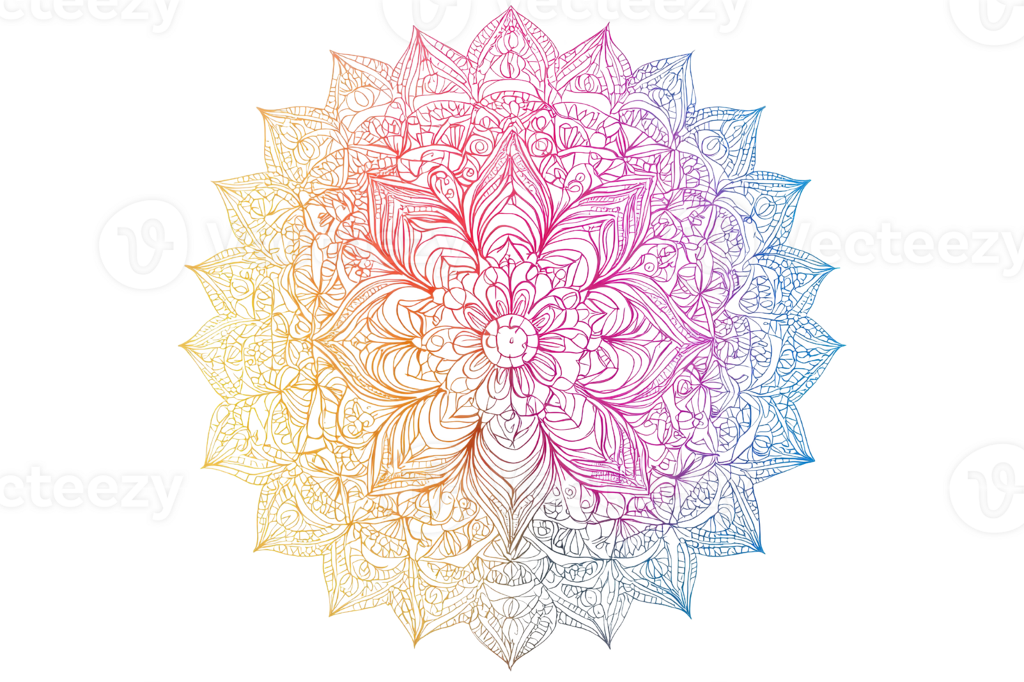 A colorful, intricate mandala design featuring symmetrical patterns and vibrant hues radiating from a central point. png