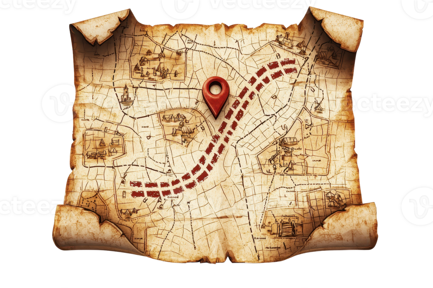 An old, weathered map featuring a winding path and a prominent location marker. png