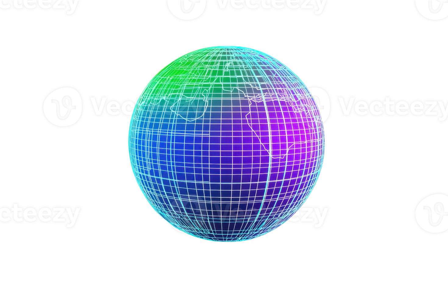 A colorful, digital globe made of grids with a futuristic design, showcasing vibrant blue, green, and purple hues. png