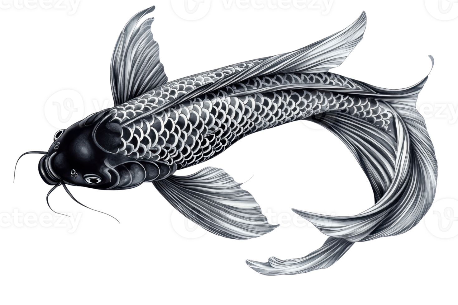 A detailed illustration of a koi fish showcasing intricate scales and flowing fins in a monochromatic color scheme. png