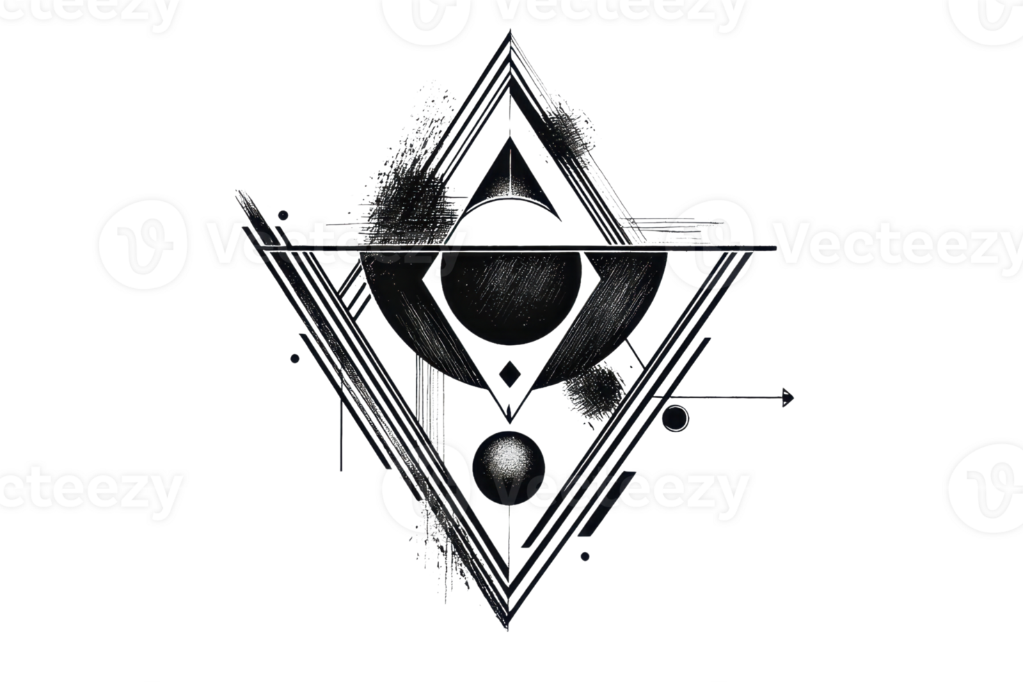 A geometric design featuring a central orb surrounded by abstract shapes and celestial motifs, emphasizing a mystical aesthetic. png