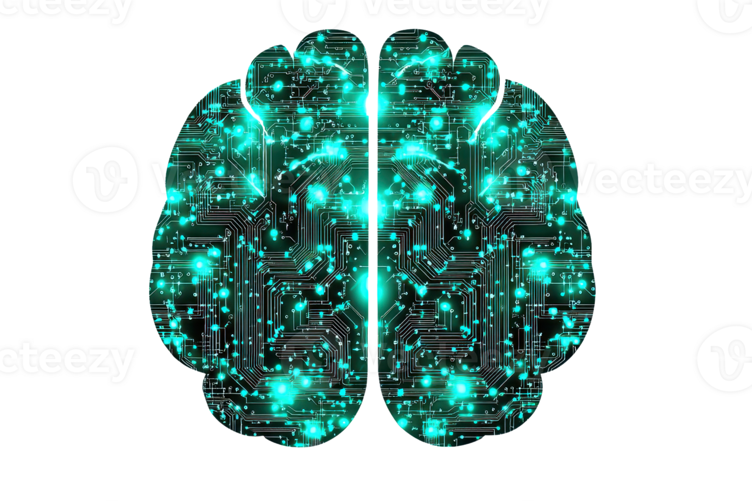 A digital brain design featuring intricate circuits and glowing elements, representing intelligence and technology. png