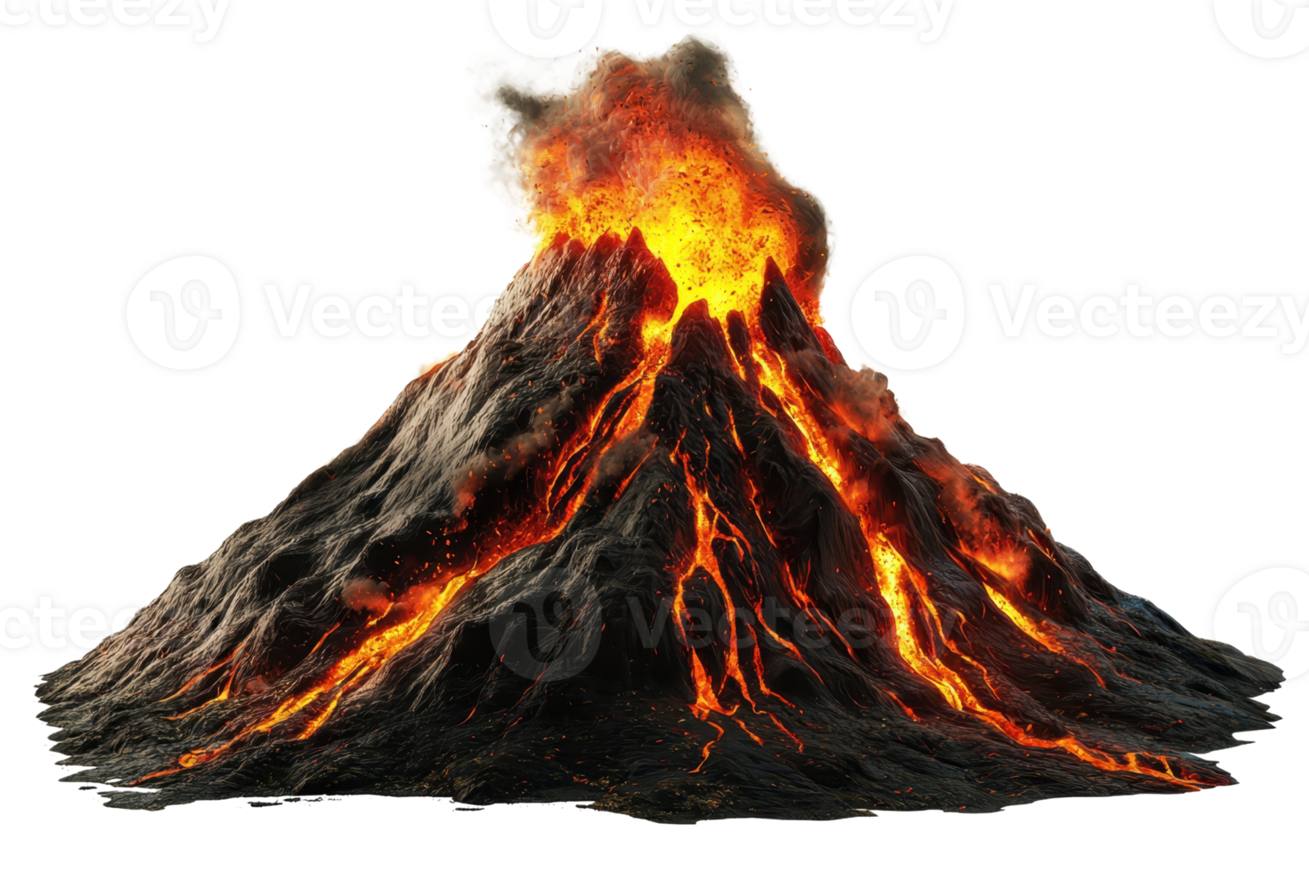A fiery volcano erupts, spewing lava and smoke, showcasing natural power and earth's geological activity. png
