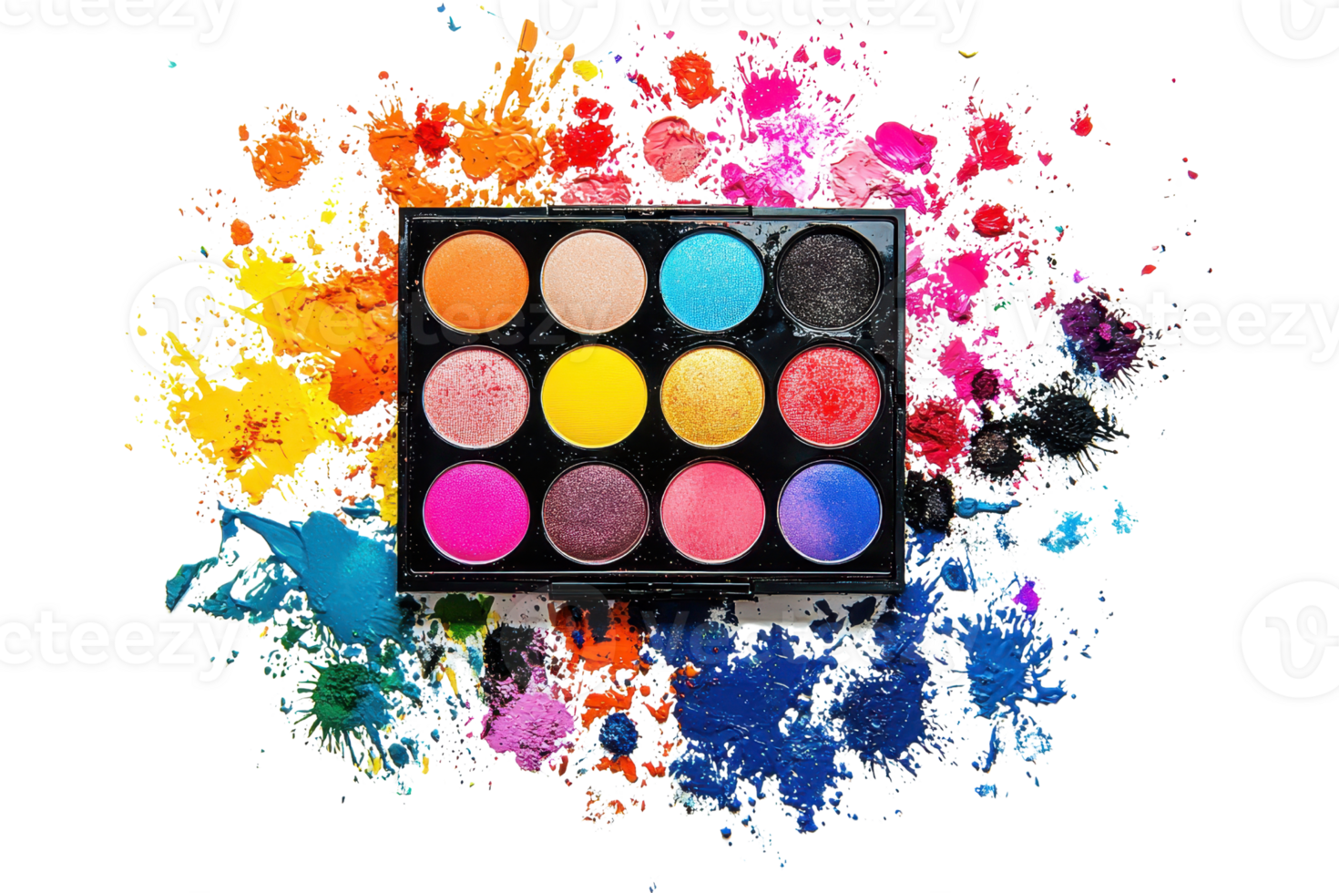 A vibrant palette of twelve colorful eyeshadows arranged neatly on a base with splashes of paint in various hues surrounding it. png