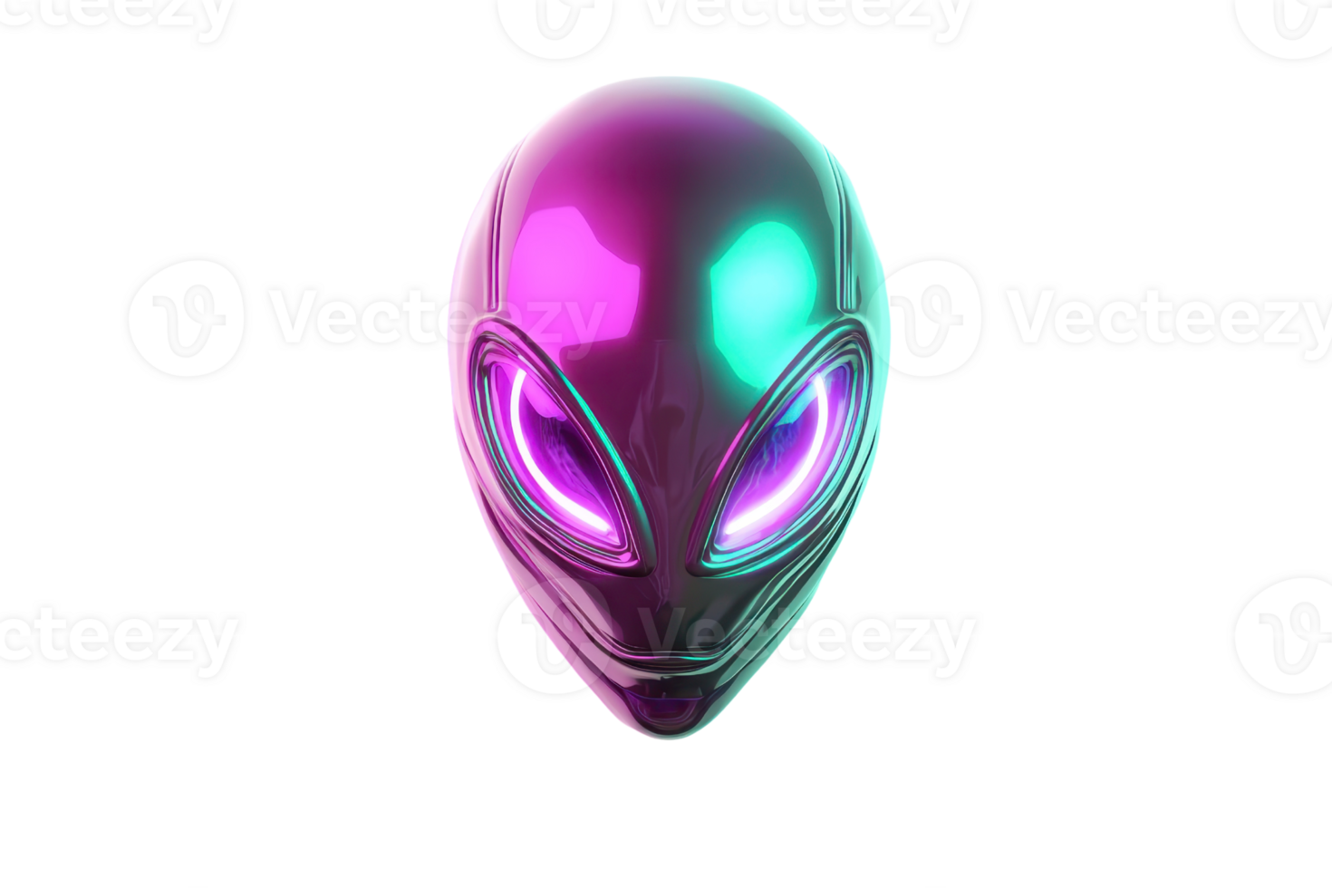 A glowing, futuristic alien head with large, luminous eyes in vibrant colors. png