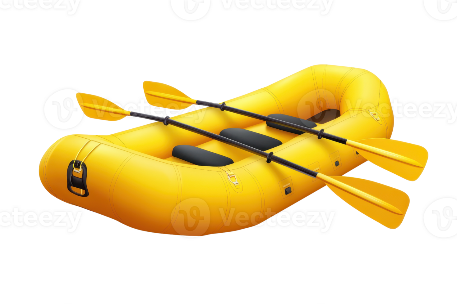 A bright yellow inflatable raft equipped with four paddles, designed for adventurous water activities. png