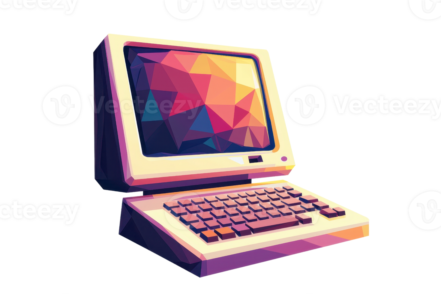 A retro-styled computer with a colorful geometric screen and a classic keyboard design. png