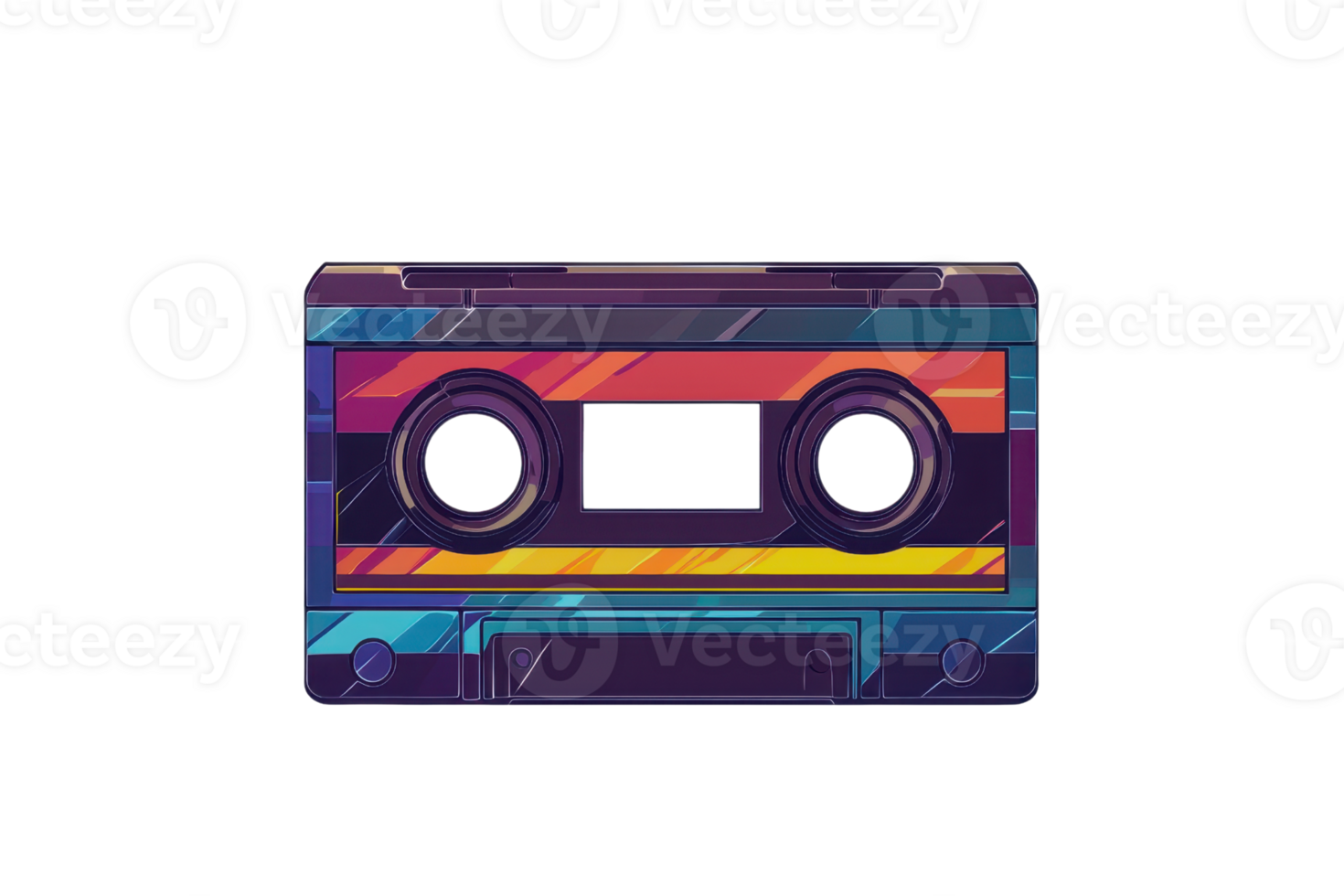 A vibrant, retro cassette tape featuring colorful patterns and two circular reels. png