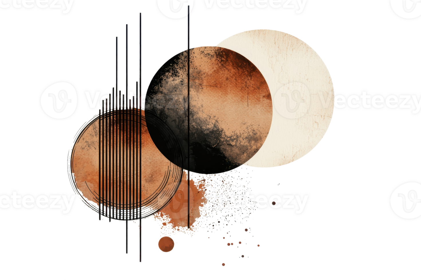 Abstract composition featuring circular forms in earthy tones, evoking celestial motifs with lines and textures. png