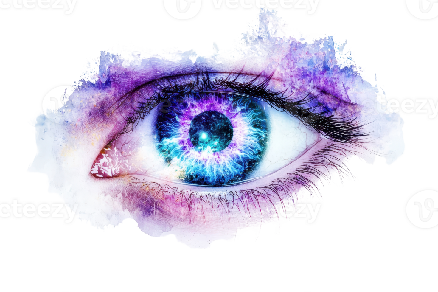 A striking, colorful human eye with a galaxy-like pattern and vibrant hues. png