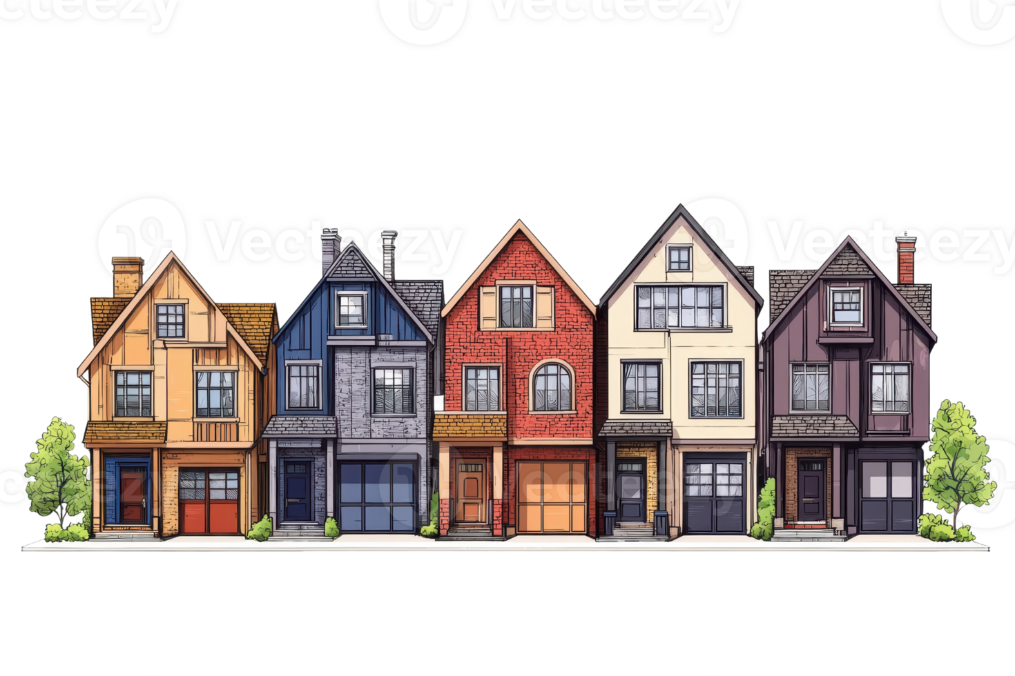 A row of colorful, distinct houses showcasing various architectural styles and designs. png