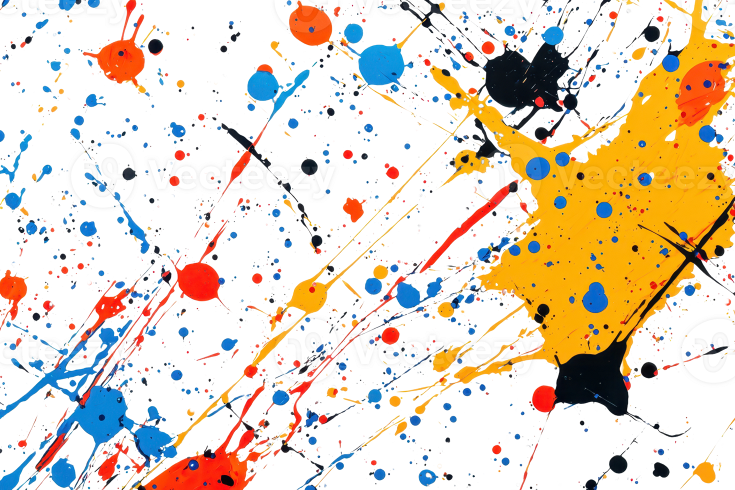 Colorful splashes and drips of paint in a vibrant array of hues against a dark surface. png