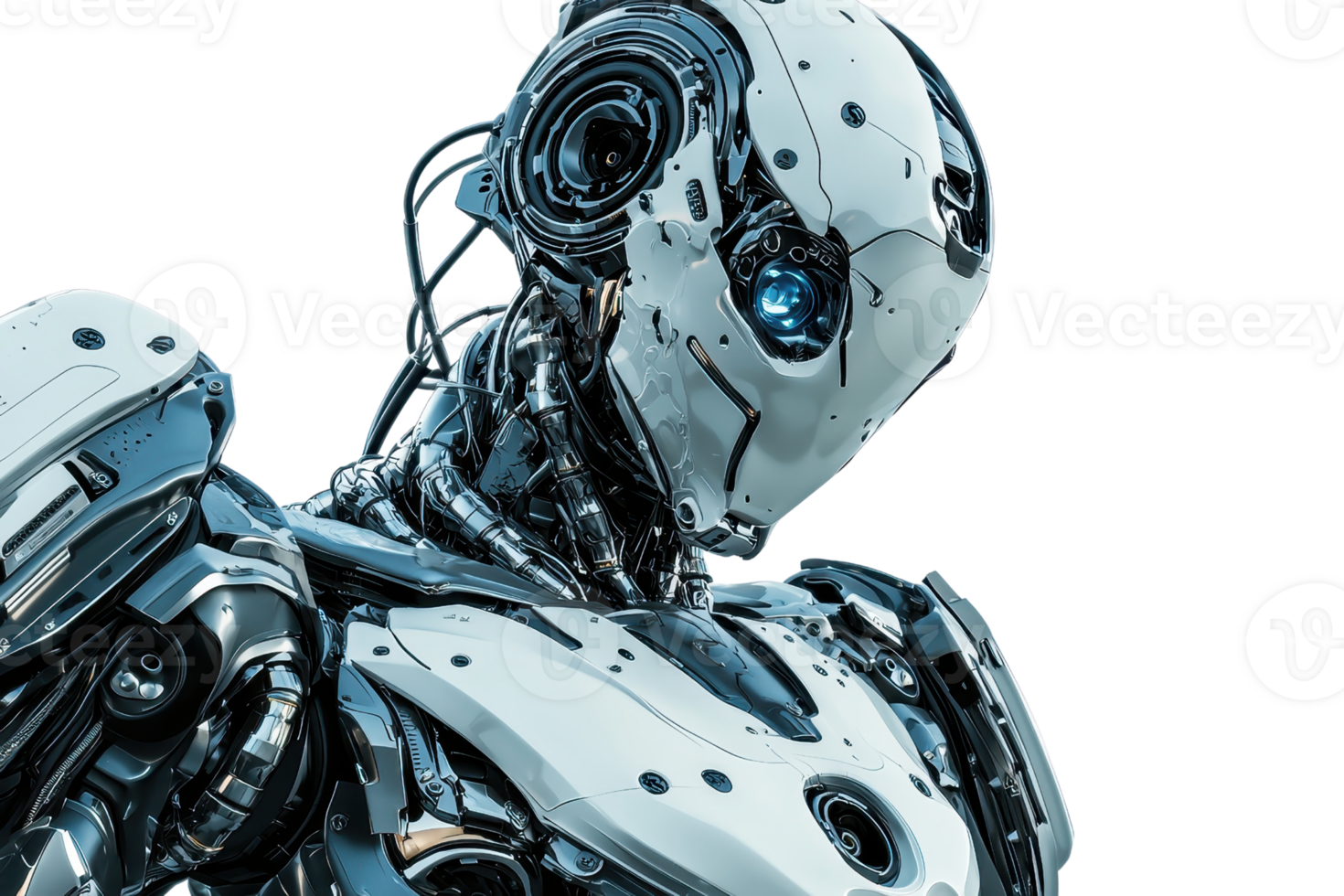 A futuristic robot with a sleek, metallic design featuring glowing blue elements, set against a dark background. png
