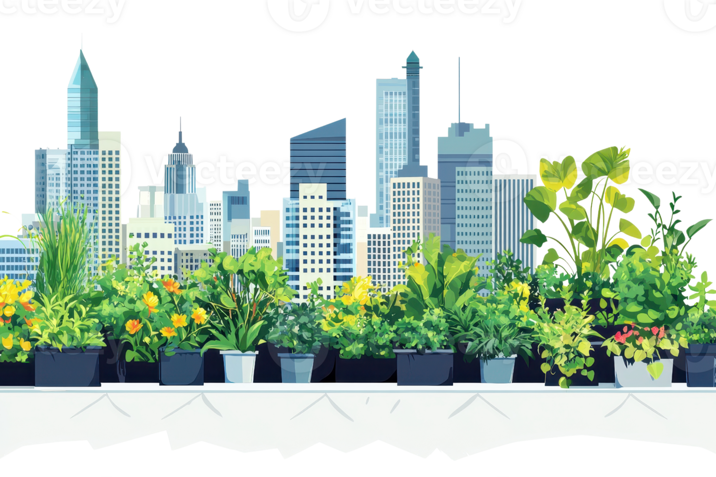 A vibrant collection of potted plants sits in front of a city skyline, showcasing a blend of nature and urban architecture. png