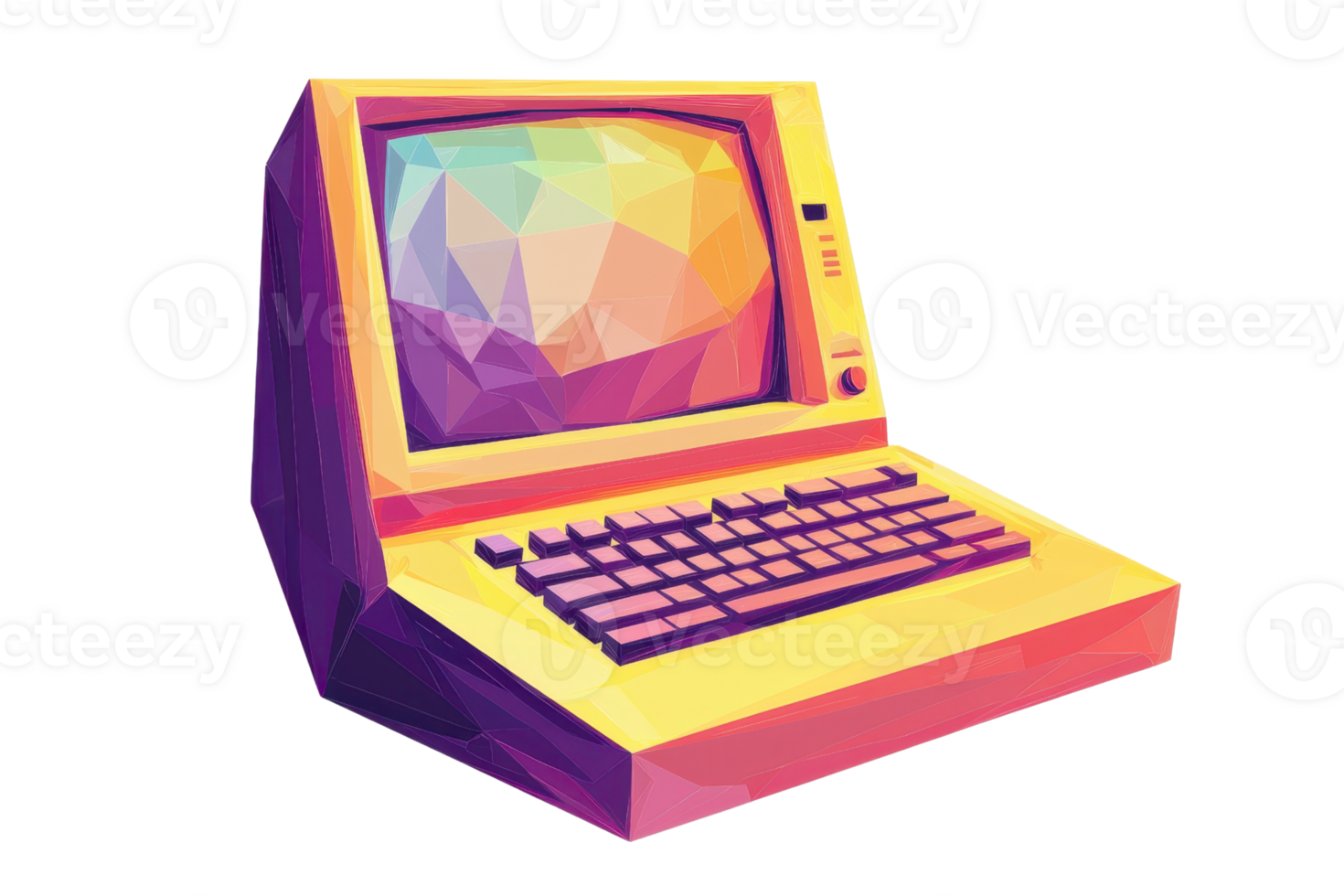 A vintage computer with a colorful, geometric design featuring a keyboard and a stylized monitor. png