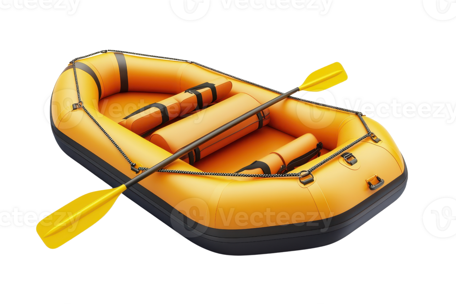 An inflatable orange raft with yellow paddles, designed for water activities and outdoor adventures. png