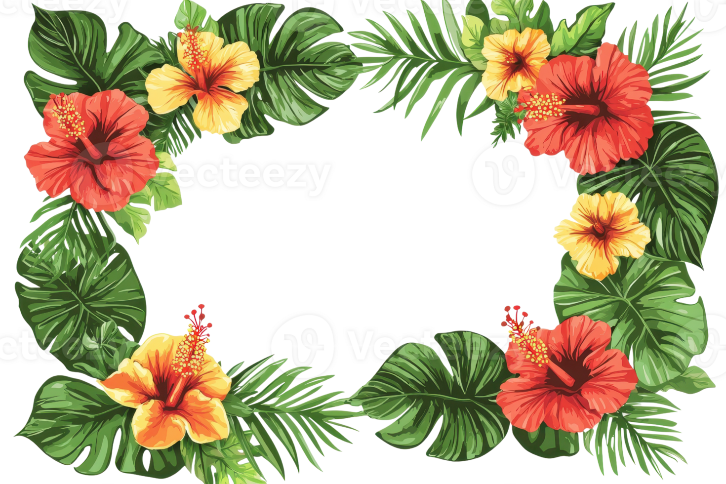 A vibrant arrangement of hibiscus flowers and lush green leaves. png