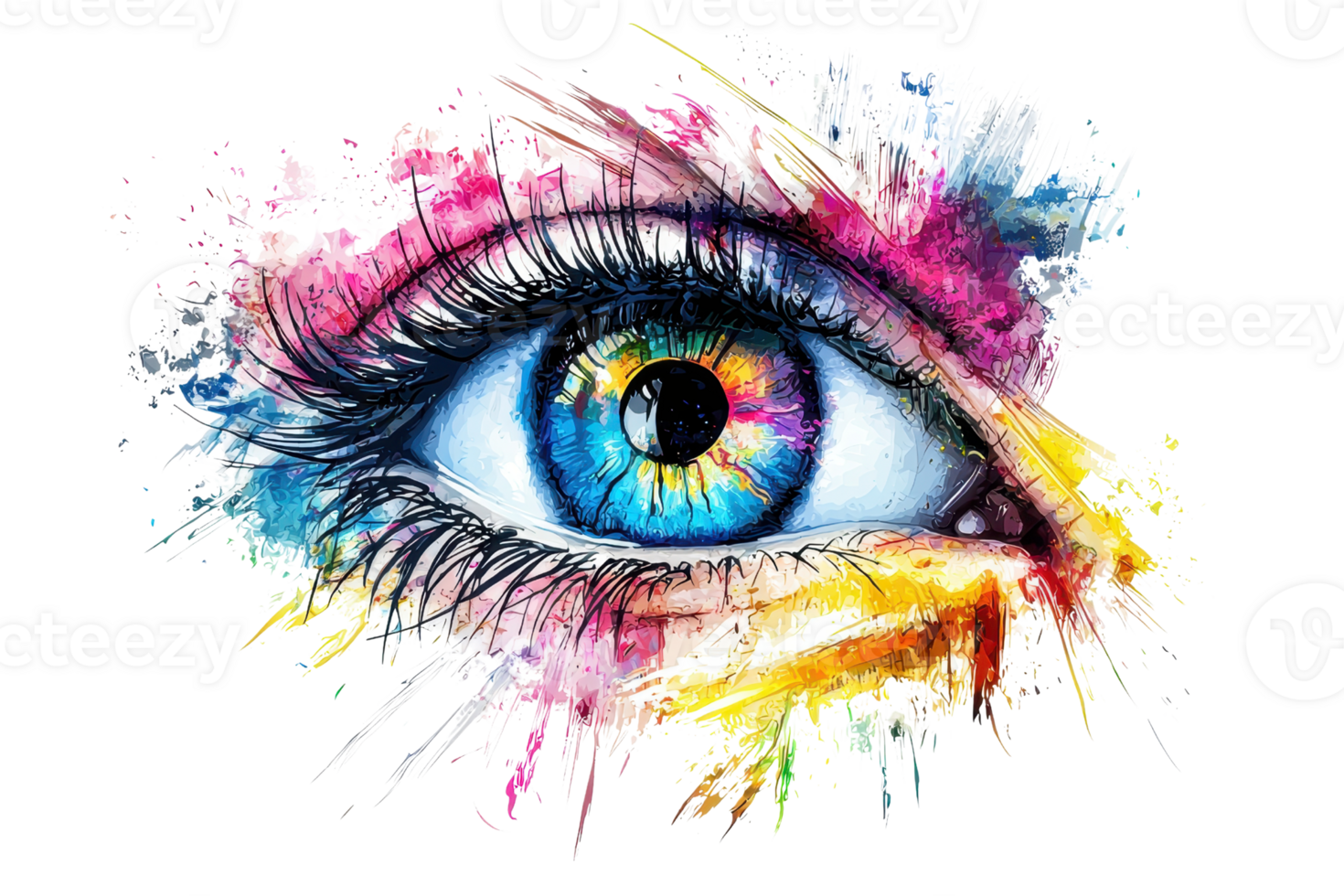 A colorful, artistic representation of an eye with vibrant hues surrounding it, showcasing intricate details and expressive features. png
