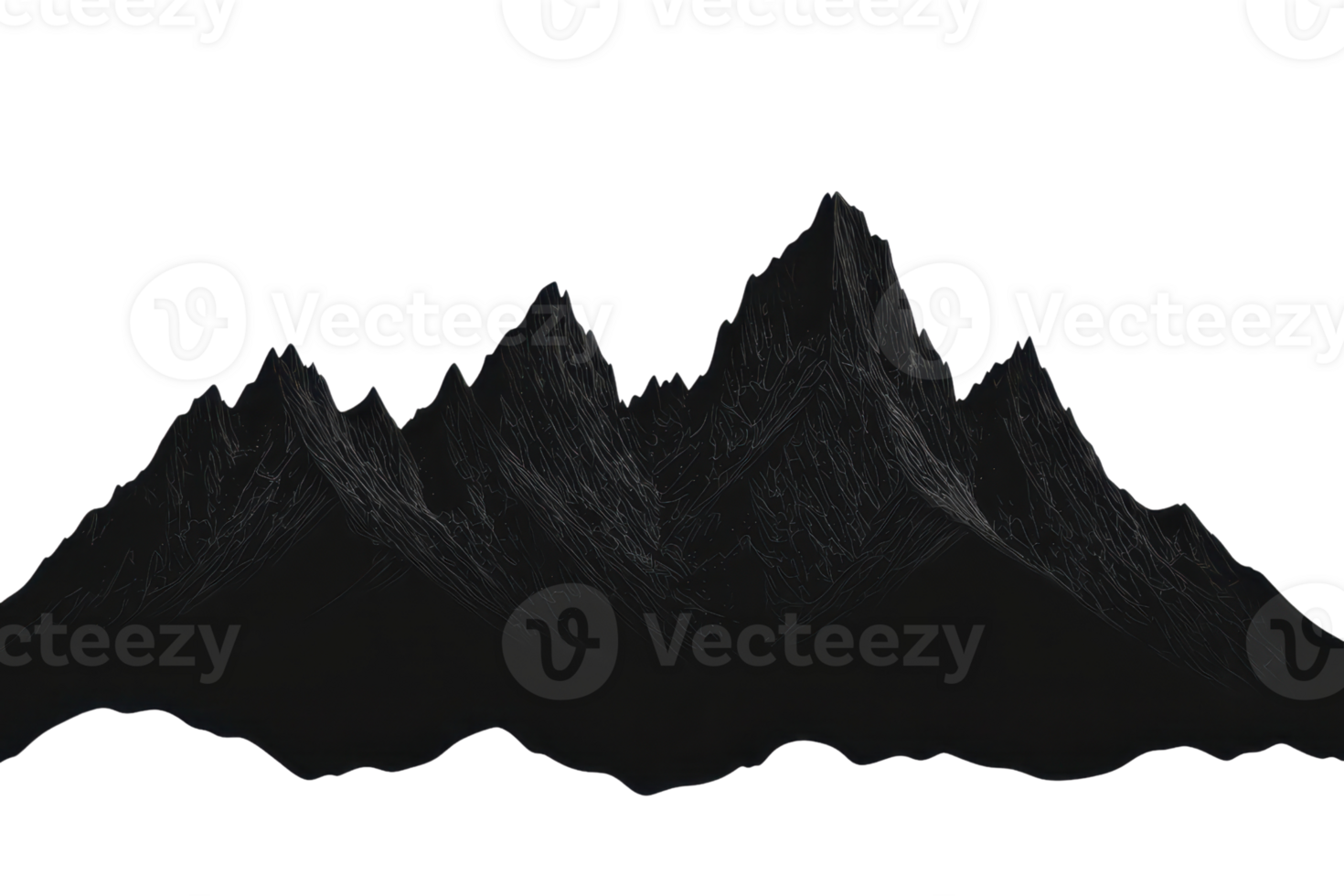 A silhouette of rugged mountain peaks, showcasing sharp ridges and dramatic contours in a dark setting. png