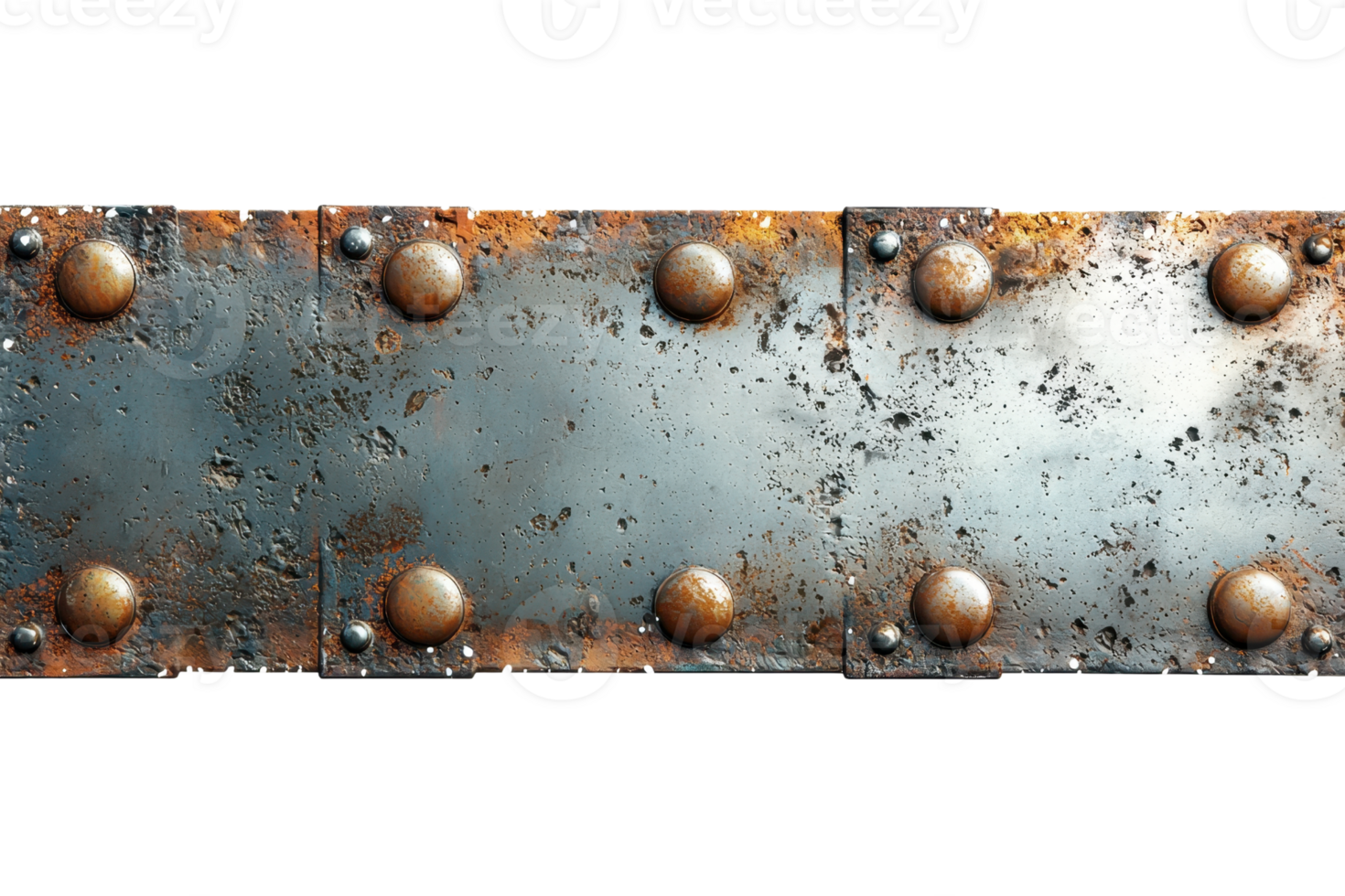 A metal plate featuring visible rust and rivets, showcasing a weathered, industrial design. png