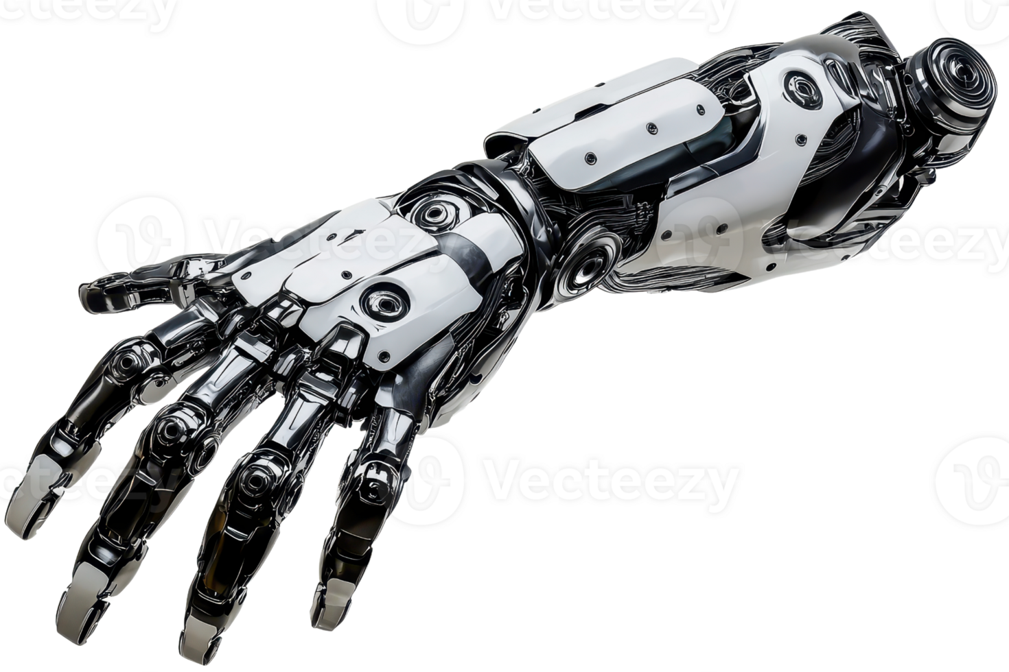 A robotic hand designed with intricate mechanical details, showcasing a blend of metallic and synthetic materials. png