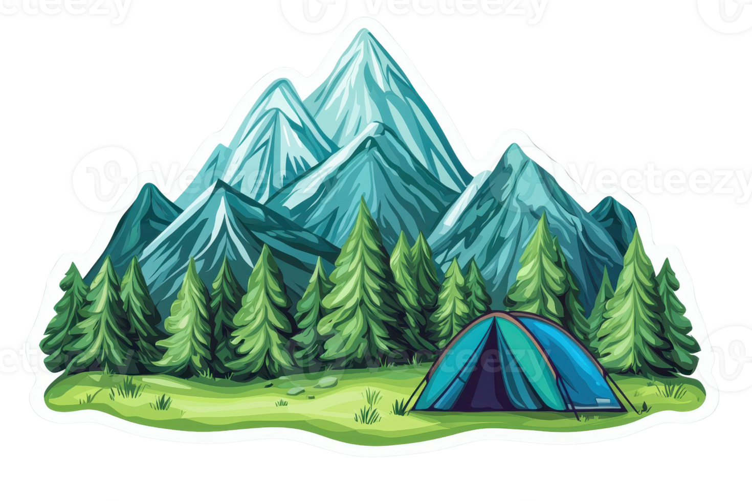 A colorful camping scene featuring a tent surrounded by tall pine trees and majestic mountains. png