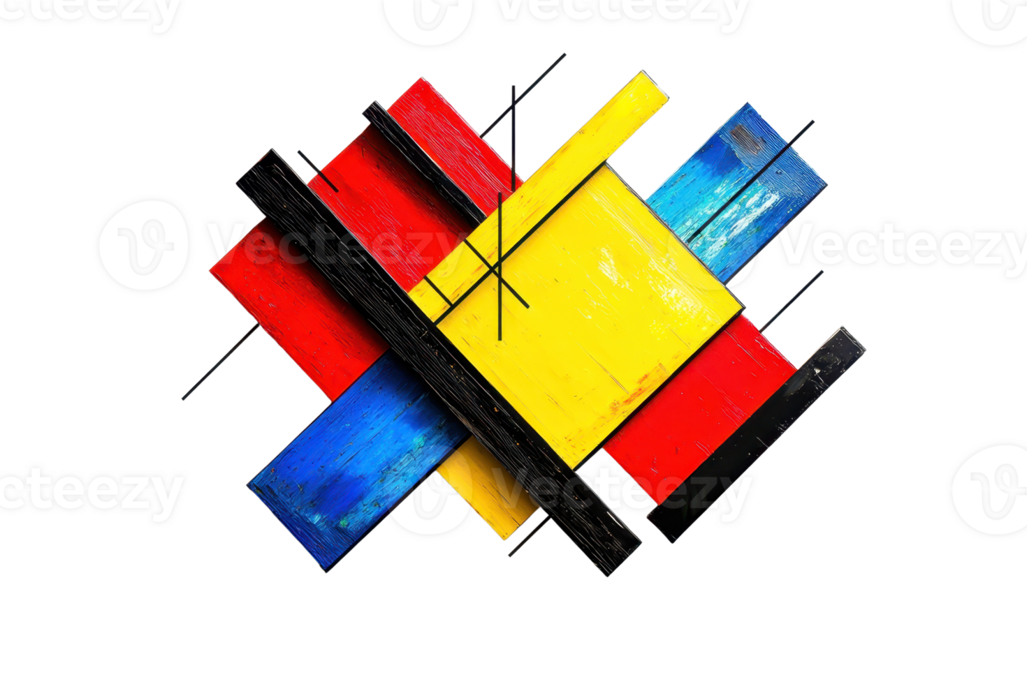 A vibrant arrangement of geometric shapes in red, yellow, blue, and black, creating a striking visual composition. png