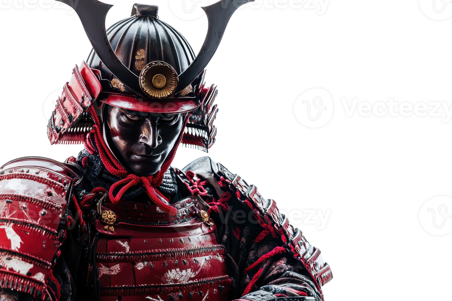A warrior in traditional samurai armor, showcasing intricate designs and a striking helmet adorned with horns. png