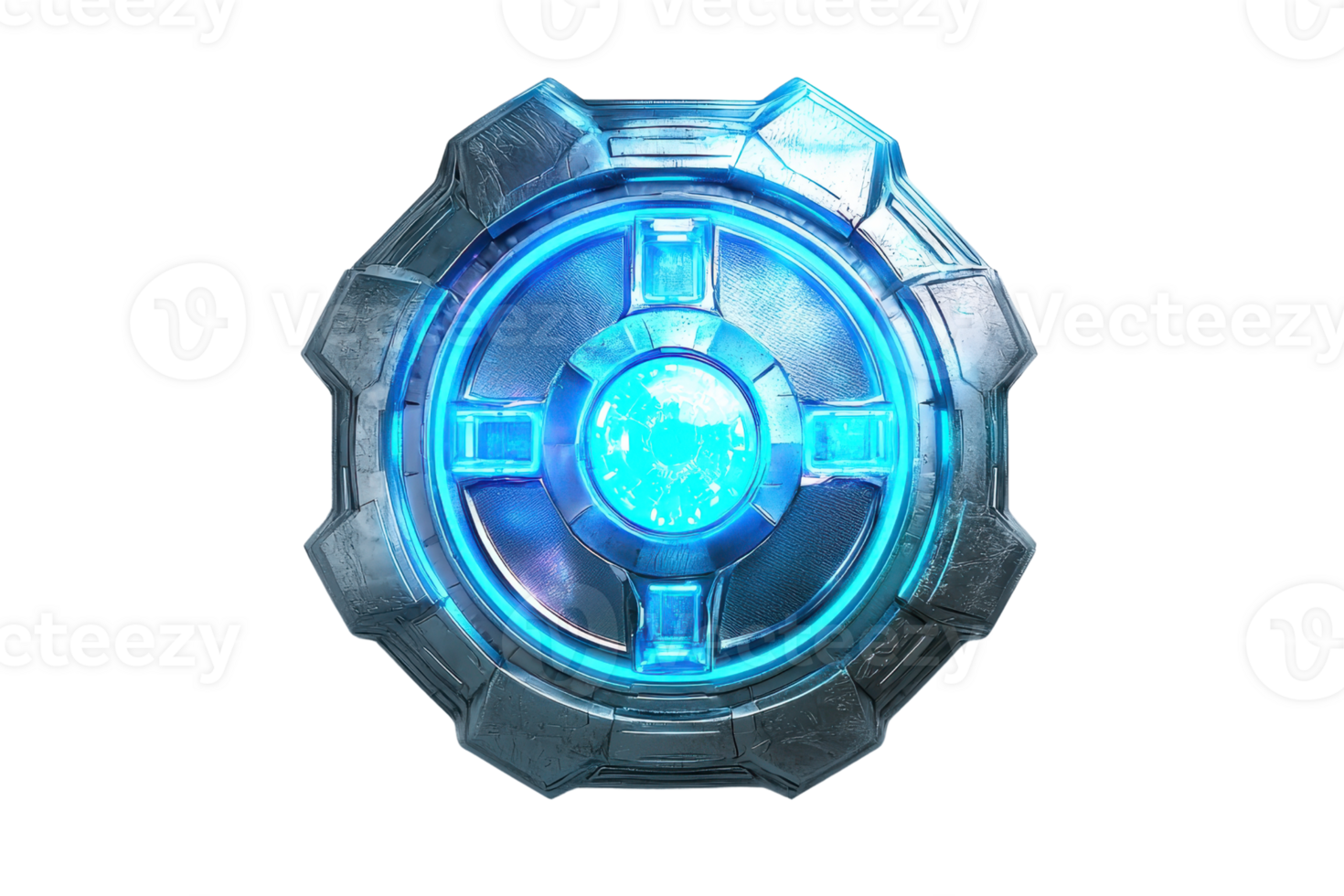 A luminous, circular device with a blue core and intricate detailing, exuding a futuristic and technological vibe. png