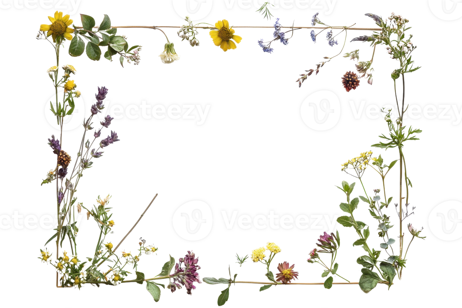 A vibrant arrangement of various wildflowers and greenery forming a decorative frame. png