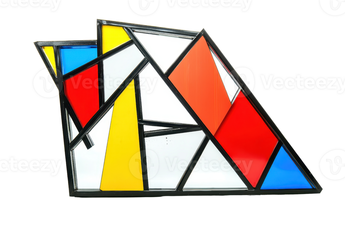 A geometric arrangement of colored glass pieces, featuring vibrant red, yellow, blue, and white sections framed in black. png