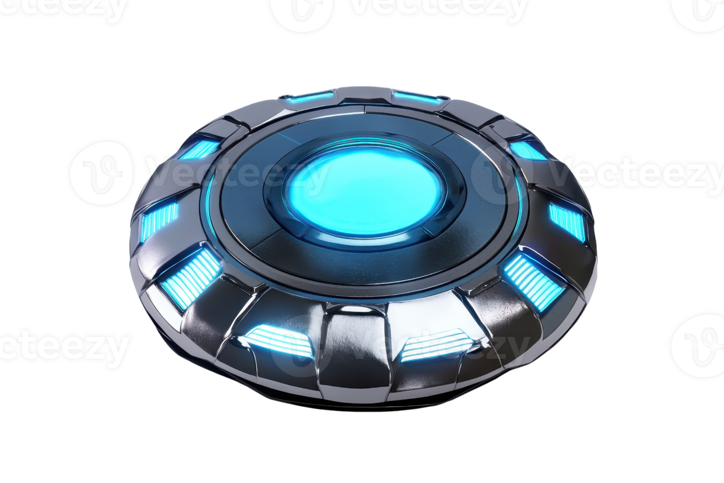 A sleek, futuristic disc with a glowing blue center and illuminated accents, showcasing a metallic finish and modern design. png