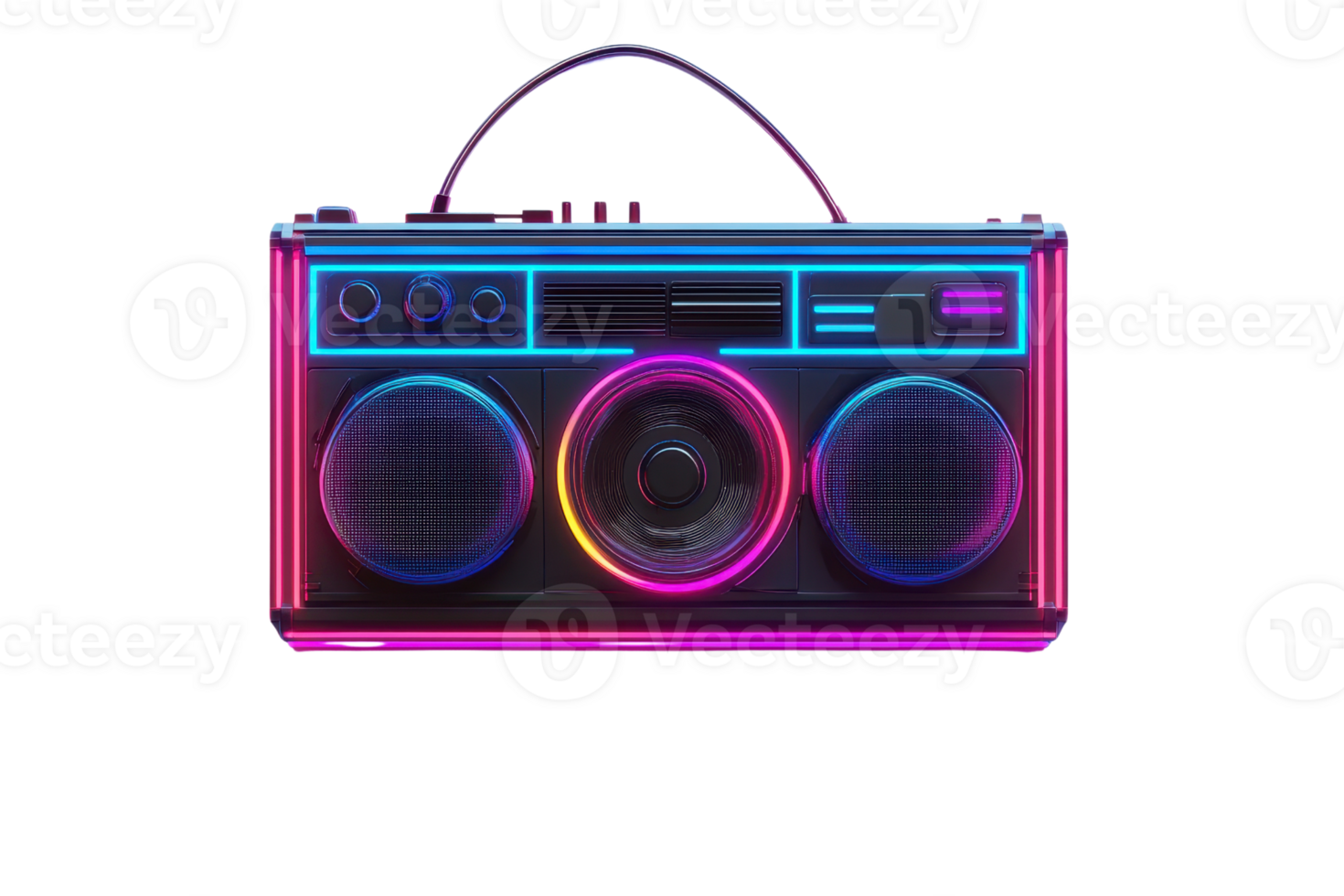 A colorful, retro boombox featuring vibrant neon lights and dual speakers, showcasing a nostalgic design. png