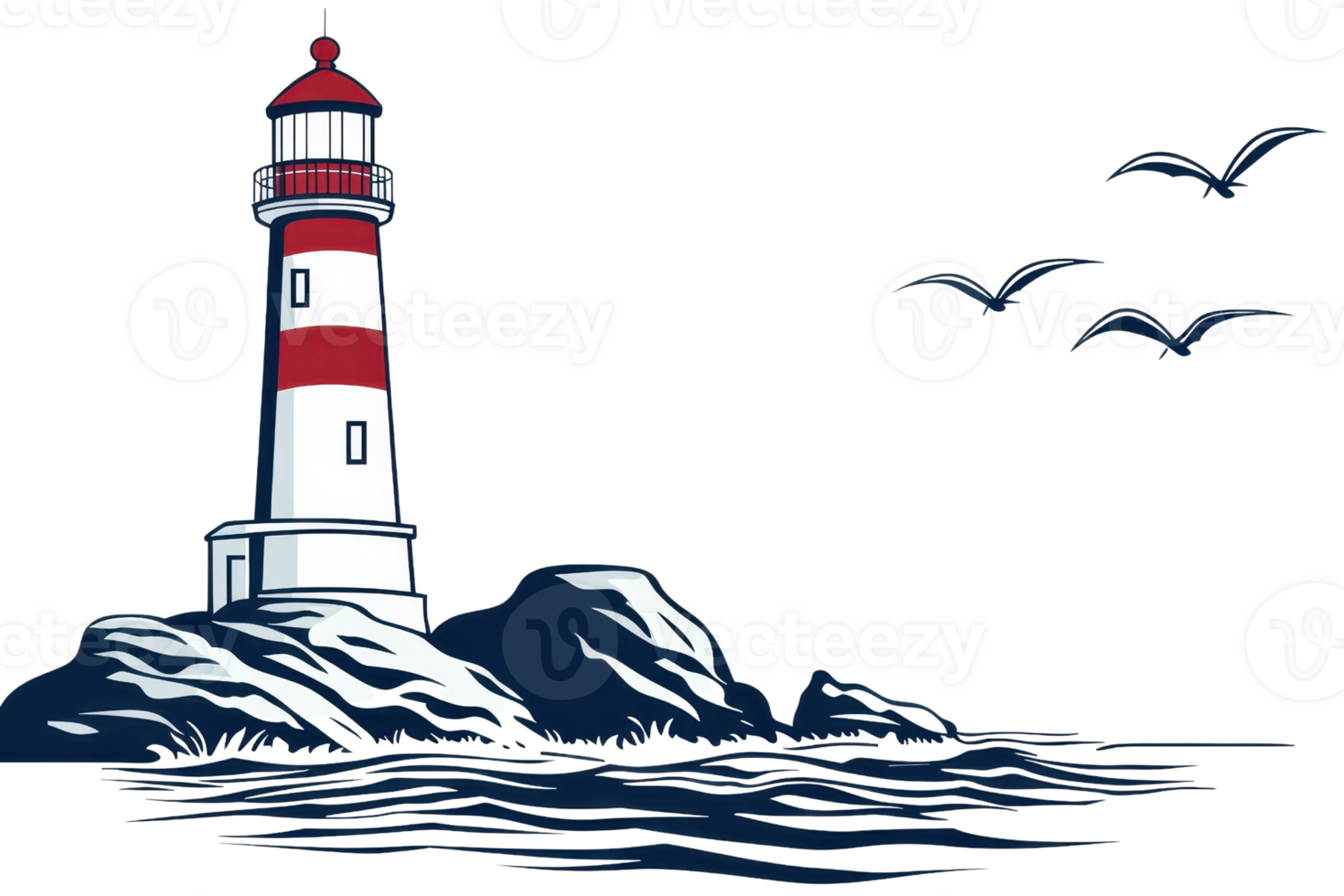 A red and white striped lighthouse stands on rocky terrain, casting a guiding light over dark waters, with birds soaring in the sky. png